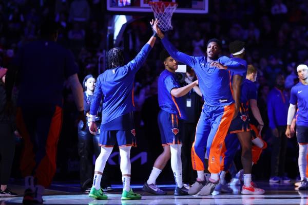 RJ Barrett #9 of the New York Knicks is introduced prior to the game