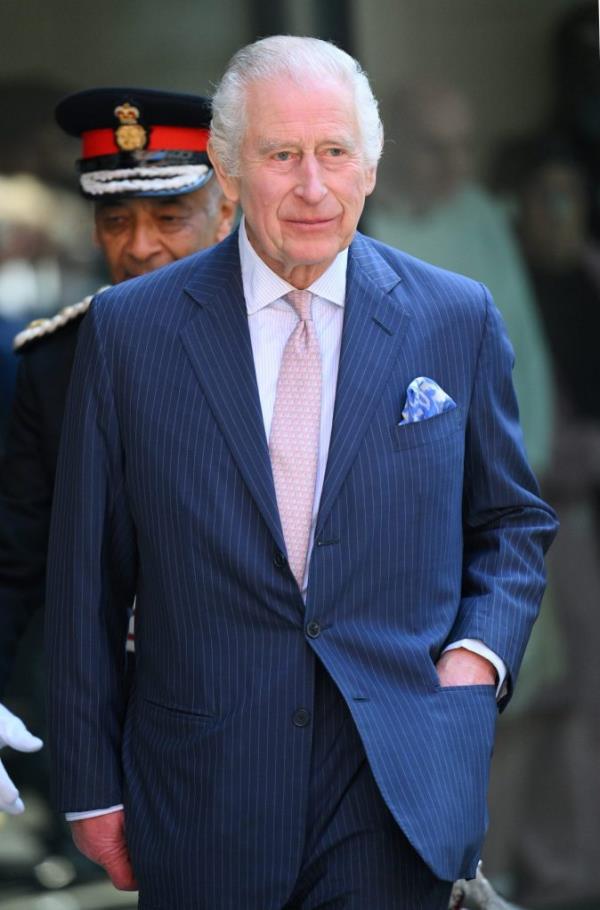 King Charles III arriving at the University College Hospital Macmillan Cancer Centre for his first day as the new Patron of Cancer Research UK on April 30, 2024 in London, England