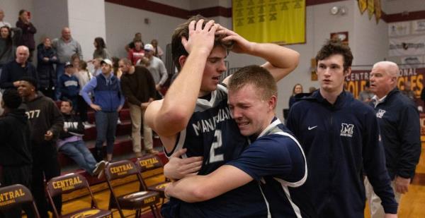 Manasquan?￠a?a￠s Griffin Linstra and Keegan Hertel as they realize the team?￠a?a￠s late basket to win was called off by the referees