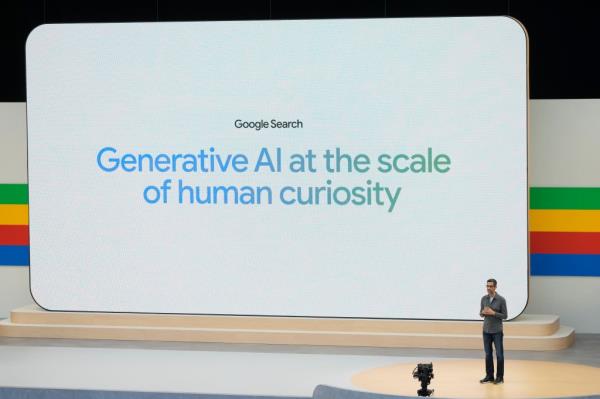 Alphabet CEO Sundar Pichai giving a speech at the Google I/O event in Mountain View, Calif., on May 14, 2024