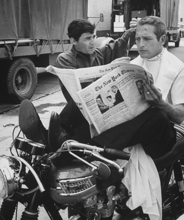 Sebring doing Paul Newman's hair on the set of 