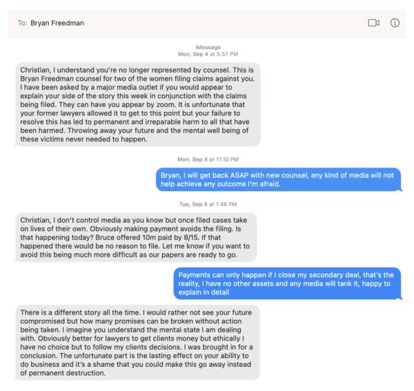 A screenshot of a text exchange between tech boss and assistant discussing financial matters, related to a legal suit