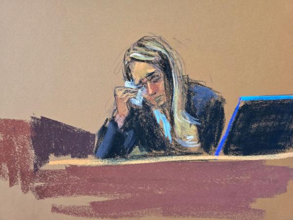 Court artist's sketch of Hope Hicks crying in court.