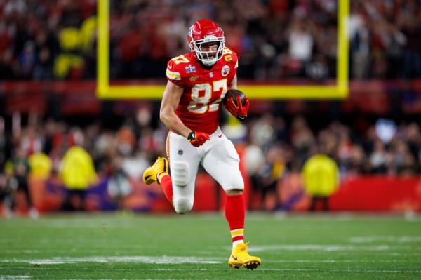 Travis Kelce in action during Super Bowl LVIII, in which his Kansas City Chiefs defeated the San Francisco 49ers in overtime.