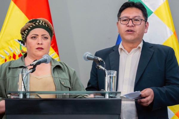 Bolivia's deputy Foreign Minister Freddy Mamani (right) speaks next to the minister of the presidency Maria Nela Prada, during a press co<em></em>nference announcing that Bolivia will break relations with Israel on Oct. 31, 2023. 