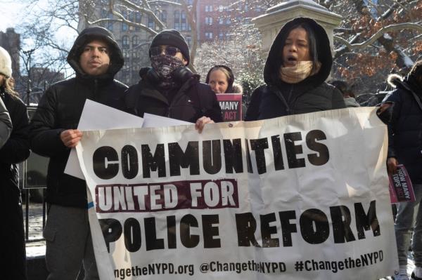 lected officials, community organizations and family members of New Yorkers killed by the NYPD hold a rally at City Hall calling on Mayor Adams to sign the How Many Stops Act into law.