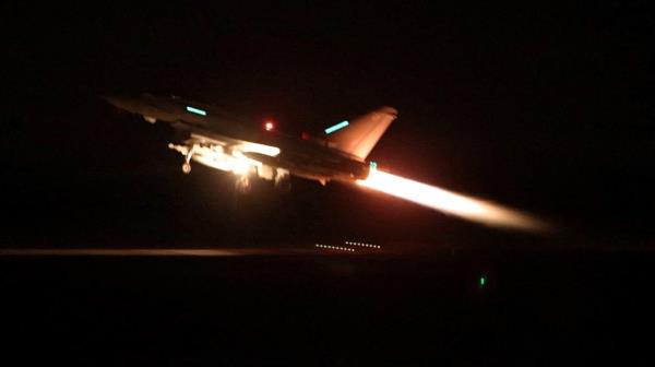 An RAF Typhoon aircraft takes off to join the U.S.-led coalition from RAF Akrotiri to co<em></em>nduct air strikes against military targets in Yemen.