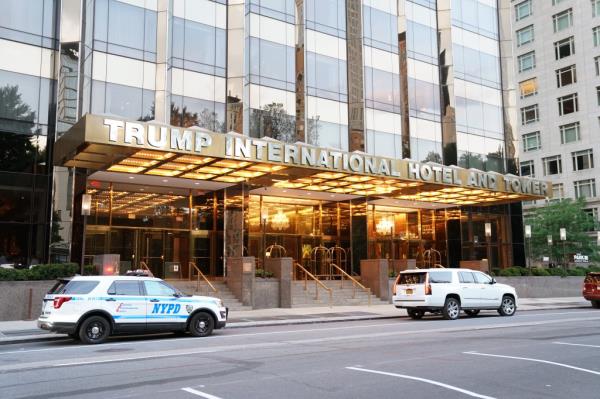 Trump Internatio<em></em>nal Hotel and Tower at 1 Central Park West in New York City seen from a distance with no people around.