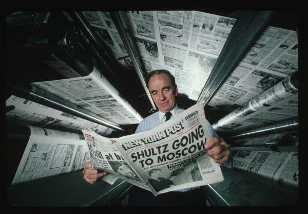 Murdoch at the printing presses of the New York Post, which is owned by News Corp.