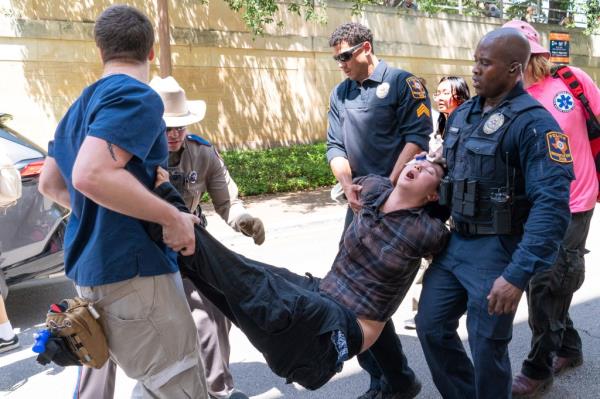 A protester getting arrested at University of Texas in Austin on April 29, 2024.