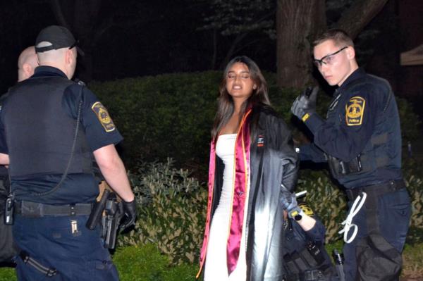 A Virginia Tech student getting arrested at an anti-Israel rally on April 28, 2024.