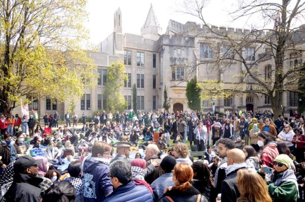 Students occupying the area outside Dickson Hall at Princeton University on April 25, 2024.