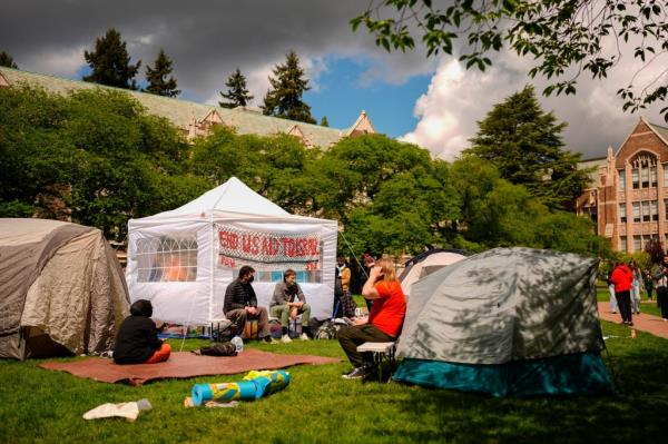 University of Washington students sitting in an anti-Israel encampment.