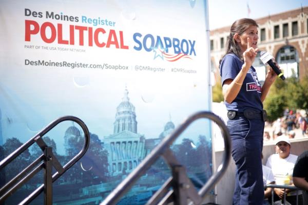 Republican presidential candidate Nikki Haley speaking at the Des Moines Register SoapBox  on August 12, 2023.