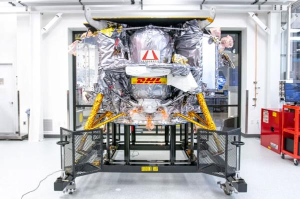 The Peregrine spacecraft is seen in Astrobotic Technology's clean room before shipment to Florida