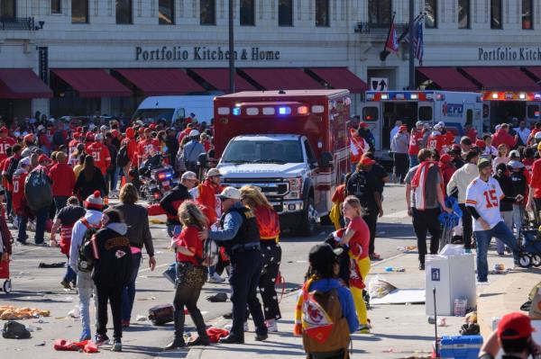 An ambulance at the scene of the shooting at the Kansas City Chiefs' Super Bowl parade on Feb. 14, 2024.