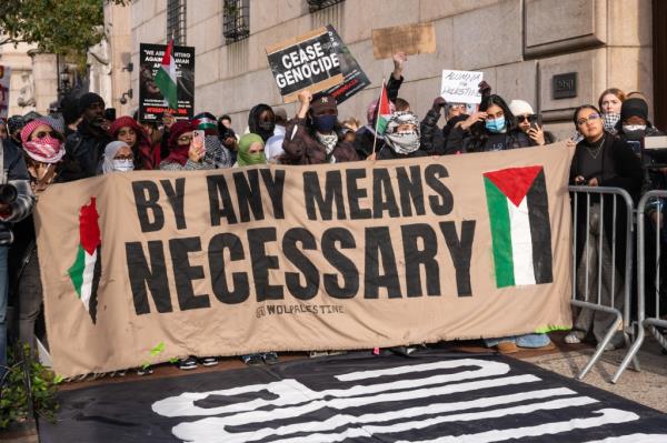 Students participate in a protest in support of Palestine and for free speech outside of the Columbia  university