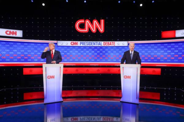 Former President Trump and President Biden during the first 2024 presidential election debate at CNN Atlanta studios in Atlanta, Georgia, on June 27, 2024. 