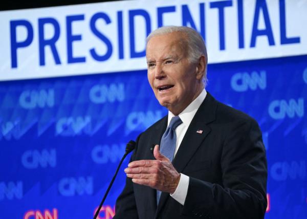 President Joe Biden speaks as he participates in the first presidential debate of the 2024 elections with former US President and Republican presidential candidate Do<em></em>nald Trump at CNN's studios in Atlanta, Georgia, on June 27, 2024. 