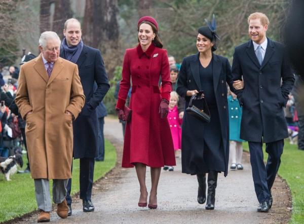 The Royal Family including Prince Charles, Prince William, Duke of Cambridge, Catherine, Duchess of Cambridge, Meghan, Duchess of Sussex, and Prince Harry, Duke of Sussex, attending the Christmas Day Church service at Church of St Mary Magdalene.