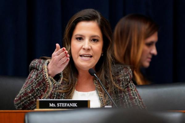 Stefanik is pictured speaking at the co<em></em>ngressional hearing.