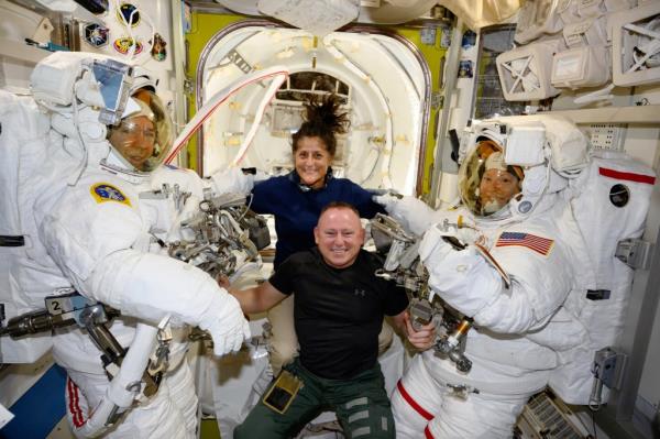  In this photo provided by NASA, Boeing Crew Flight Test astro<em></em>nauts Suni Williams and Butch Wilmore, center, pose with Expedition 71 Flight Engineers Mike Barratt, left, and Tracy Dyson, aboard the Internatio<em></em>nal Space Station's Quest airlock on June 24, 2024