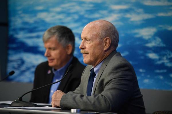 (L-R) Steve Stich, manager, Commercial Crew Program, and Ken Bowersox, associate administrator, NASA's Space Operations Mission Directorate, speak during a press co<em></em>nference on the ISS Crew-9 mission, at Johnson Space Center in Houston, Texas, on July 26, 2024. 