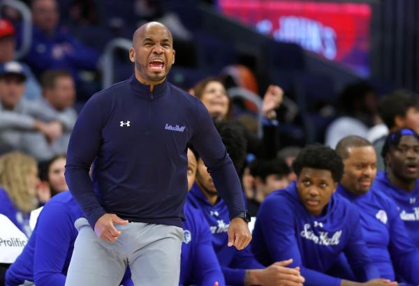 Shaheen Holloway reacts during Seton Hall's win over St. John's on Feb. 18, 2024. 