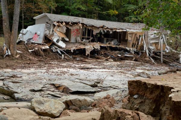 A house destroyed by Hurricane Helene in Chimney Rock.