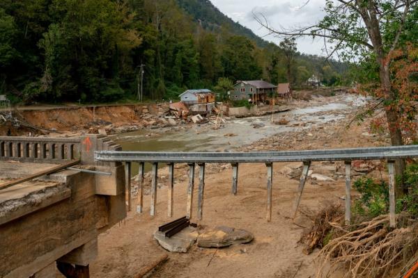 A bridge in Bat Cave partially destroyed by Helene.