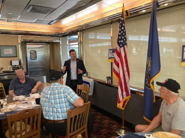 Pennsylvania House candidate Ryan Mackenzie speaks to veterans at Trivet Diner in Allentown, Pa., Tuesday, July 23, 2024.