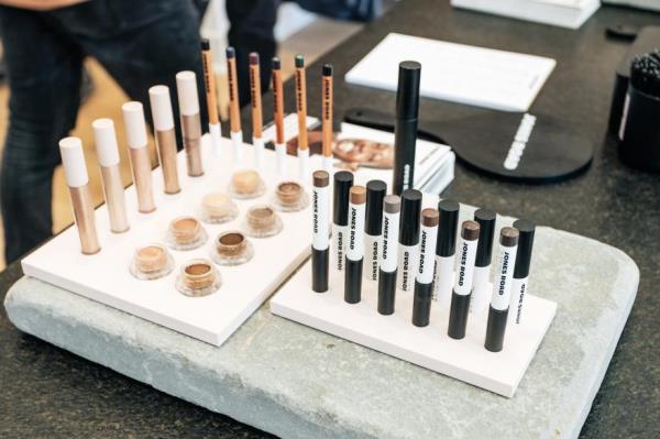 A group of makeup brushes and eye shadows displayed at 'The Brow Pencil' store in Williamsburg, Brooklyn, photographed on September 12, 2024 by Emmy Park for NY Post.