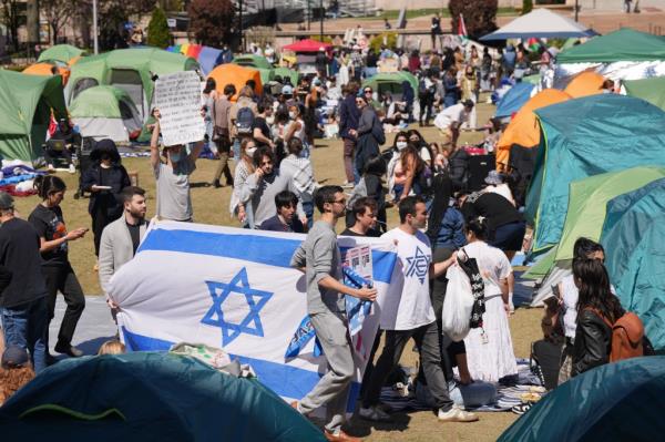 Pro-Israel protestors gather at a pro-Palestinian encampment on the lawn of Columbia University on Tuesday, April 23, 2024 in New Yorl.