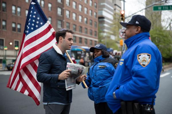 Elisha (Lishi) Baker was with his friend David Lederer, both Columbia Jewish students, when he was kicked in the stomach and told to 'kill himself' for carrying American flag at pro-Palestine rally outside The New York Stock Exchange, pictured outside Columbia University, on April 17.