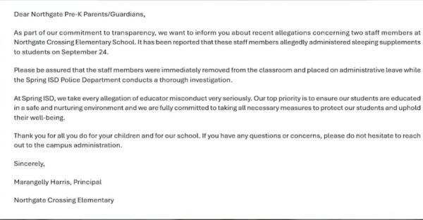 Letter to Northgate parents informing them the unidentified teachers would be placed on administrative leave pending a police investigation