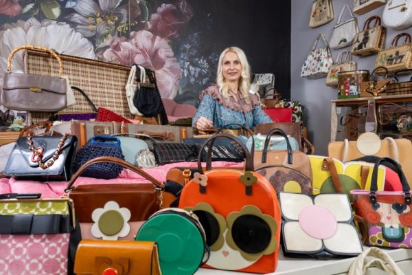 Metro Kate Beavis from Bedford with her collection of vintage bags. July 27 2023