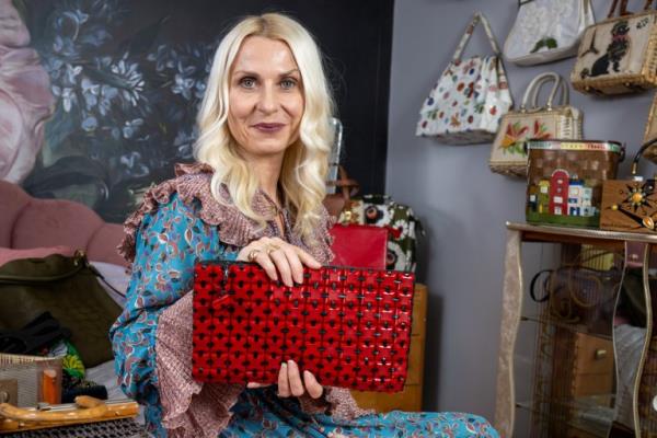 Metro Kate Beavis from Bedford with her collection of vintage bags. July 27 2023