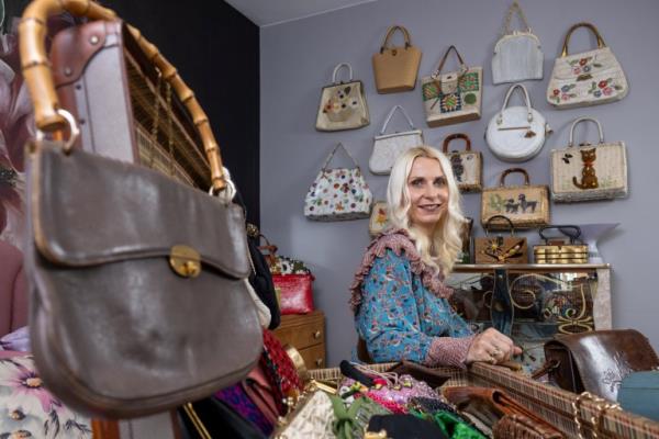 Metro Kate Beavis from Bedford with her collection of vintage bags. July 27 2023