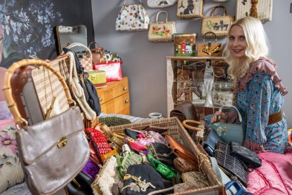 Metro Kate Beavis from Bedford with her collection of vintage bags. July 27 2023