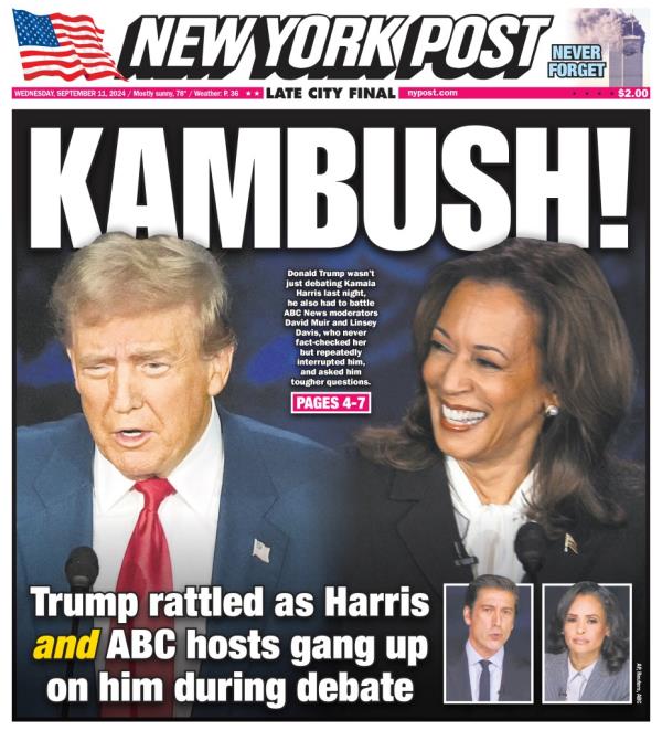 Do<em></em>nald Trump, Kamala Harris, and David Muir in a group photo