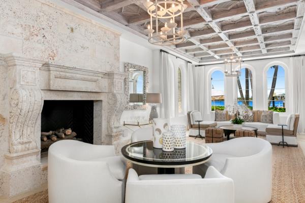 Interior shot of a living room with a fireplace. 