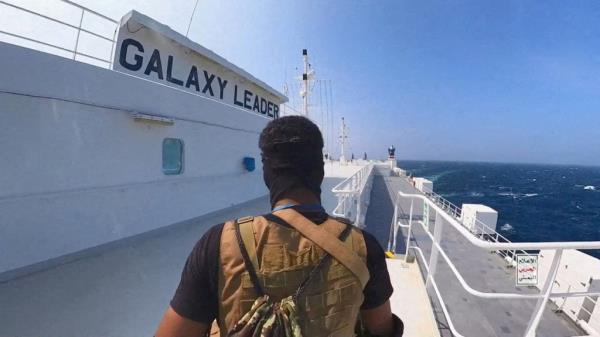 Houthi militants o<em></em>nboard the Galaxy leader, a shipping vessel the group hijacked in the Red Sea in November