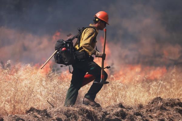 US Forest Service firefighter setting a co<em></em>ntrolled burn in Castaic, California to manage Post Fire that has grown to 12,265 acres, June 16, 2024.