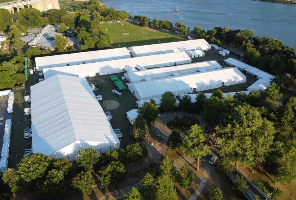 An aerial view of a massive migrant tent shelter on Randall's Island in New York, NY as seen on July 11, 2024