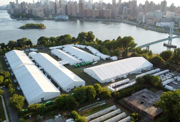 An aerial view of a massive migrant tent shelter on Randall's Island in New York, NY as seen on July 11, 2024