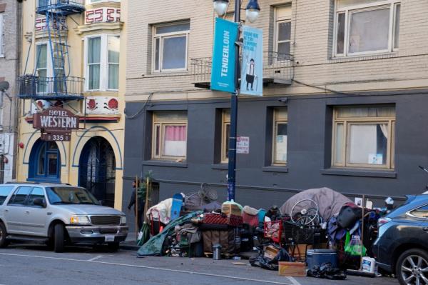 A homeless encampment is seen along Leavenworth Street in the Tenderloin district of San Francisco, Wednesday, Nov. 8, 2023. 