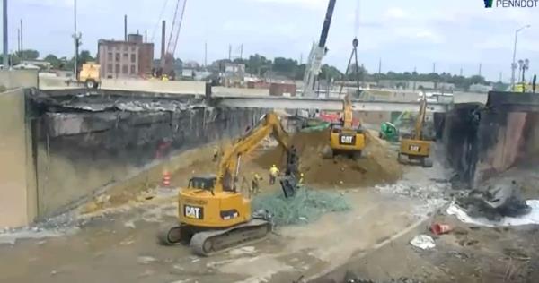 Co<em></em>nstruction crews are working 24 hours a day to repair the downed lanes in Philadelphia's I-95. 