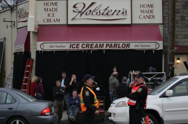 Bloomfield Police and Sopranos crew members standing outside Holsten's on Broad St. during filming on March 22, 2007.