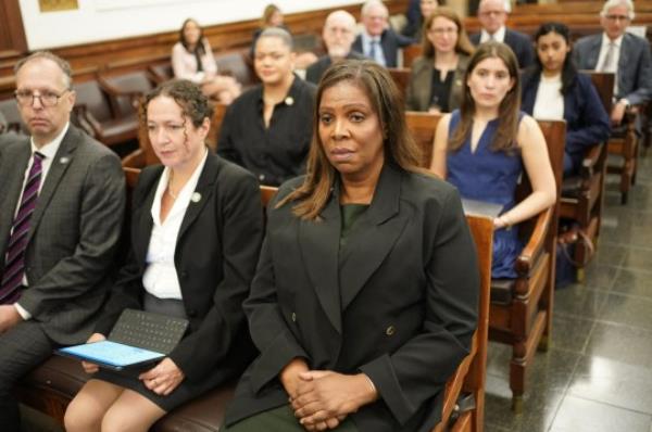 New York Attorney General Letitia James (right) looks on as former President Do<em></em>nald Trump attends the second day of his civil fraud trial at the New York State Supreme Court 