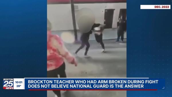 A grab from one of the many fights at Brockton High School, which students swarm through the halls to watch and film